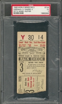 1926 World Series Game 3 Ticket Stub From 10/5/1926 (PSA VG-3)